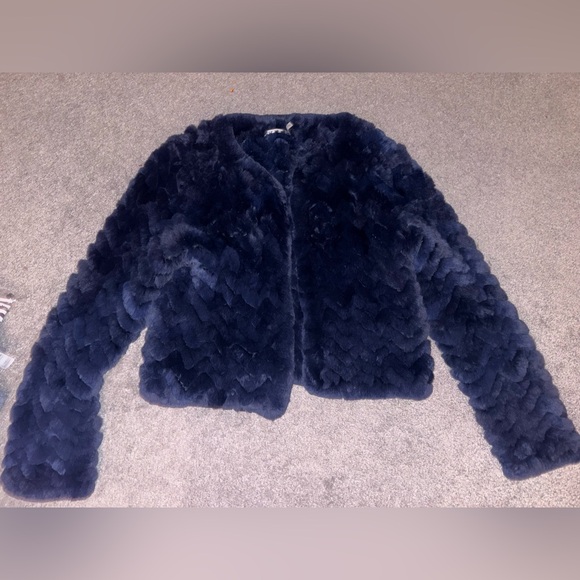 Women’s Medium Alice + Olivia Fawn Faux Fur Jacket Indigo Collarless Luxe Coat - Picture 2 of 7